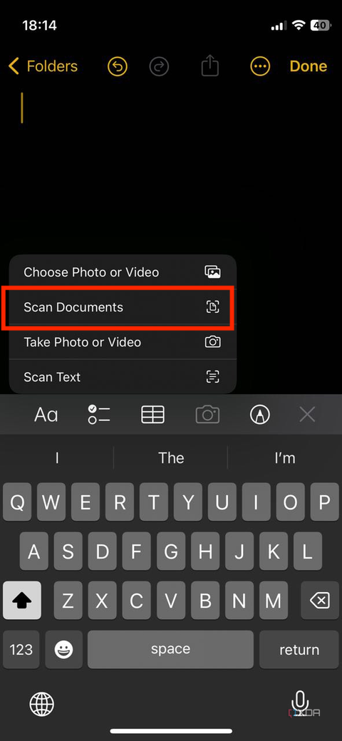 A screenshot captured on an iPhone showing the highlighted Scan document button in iOS notes app