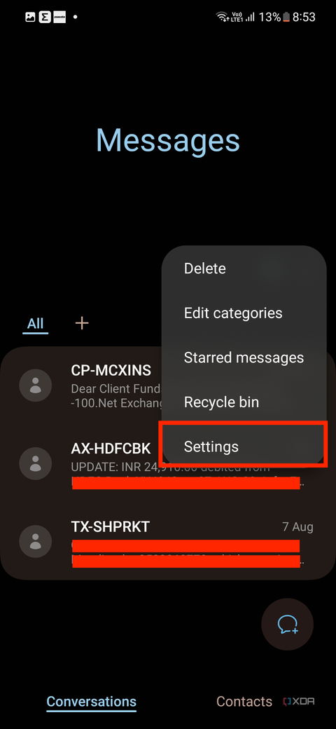 A sceenshot showing the highlighted Settings option in Samsung messages.