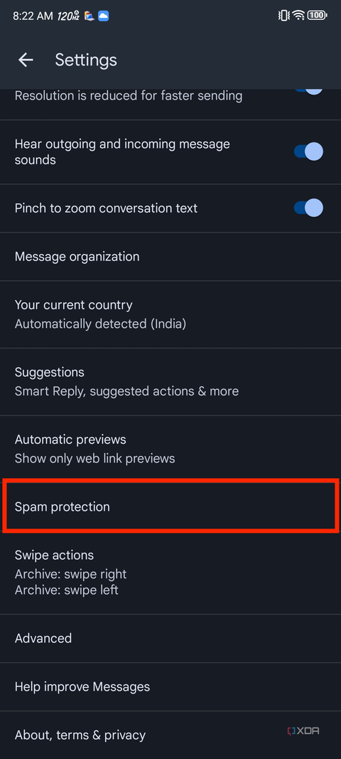 A screenshot showing the highlighted Spam protection option in Google Messages app.