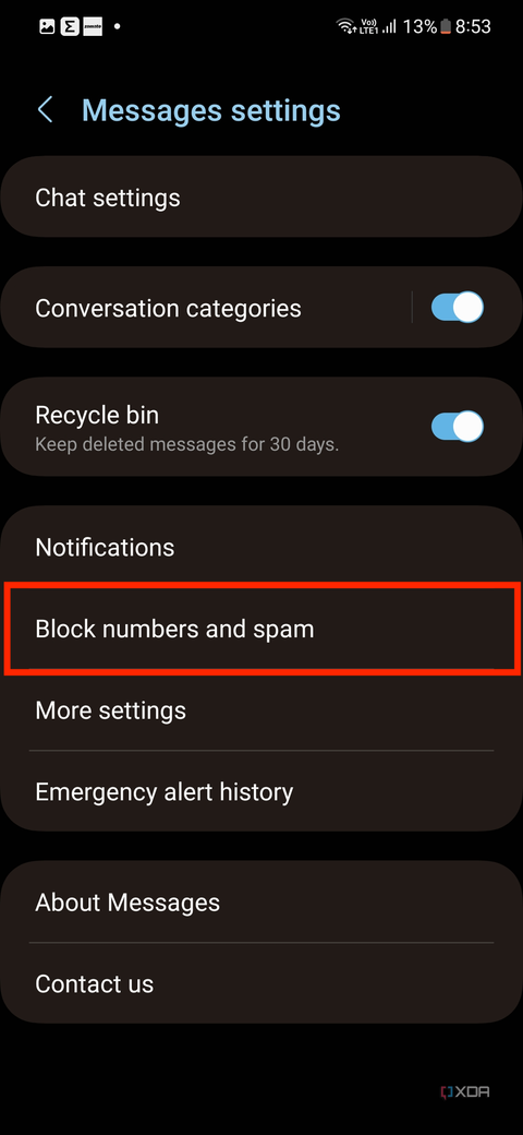 A sceenshot showing the highlighted Spam protection option in Samsung Messages app.