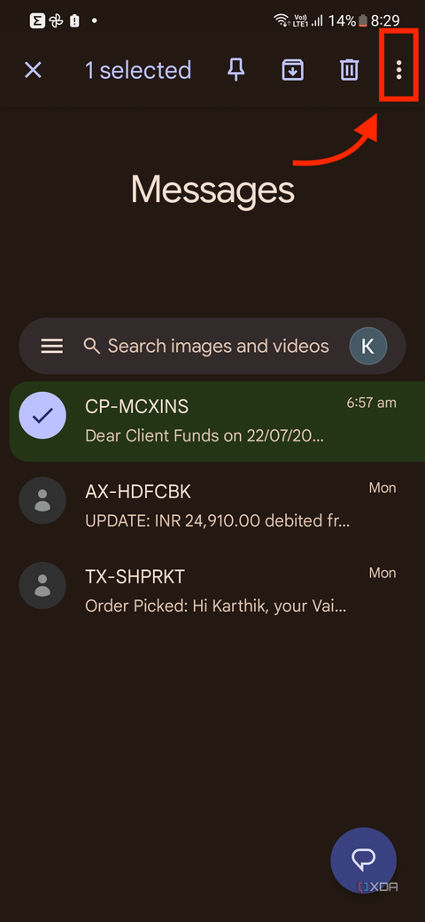 A screenshot showing the highlighted three-dot menu icon in Google Messages app.