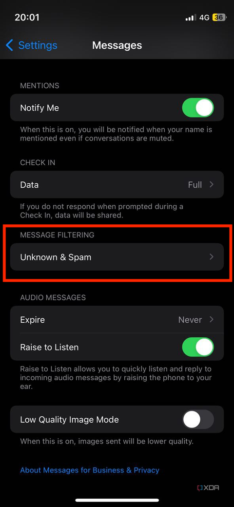 A screenshot showing the highlighted Unknown and spam option within Messages on iPhone.