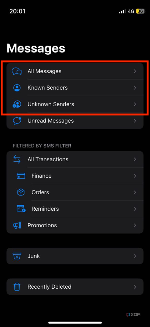A screenshot showing the highlighted unknown senders in Messages app in iPhone.