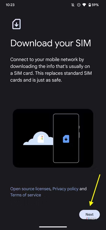 Screenshot of Download your SIM settings page on the Pixel 7 Pro with an arrow pointing at the Next button.