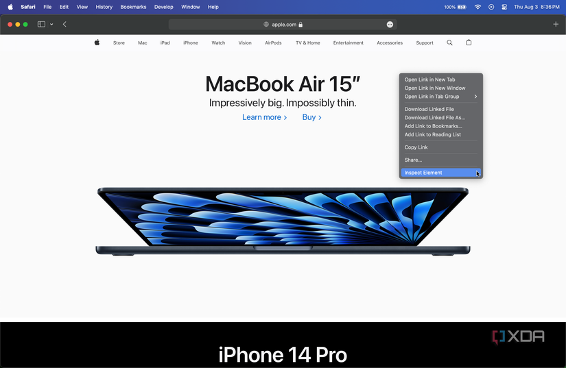 Inspect element button on a safari webpage