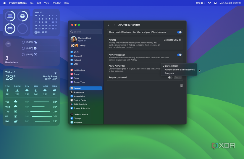 Allow airplay for current user, anyone on the same network, or everyone in airdrop & handoff settings on macOS