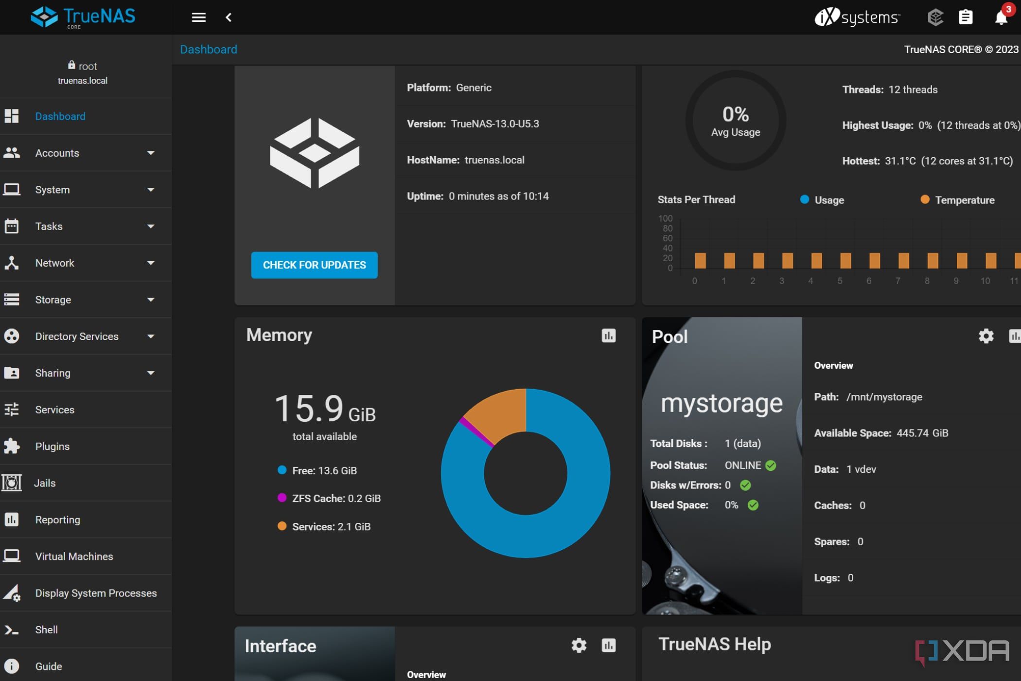 An overview of the TrueNAS CORE dashboard