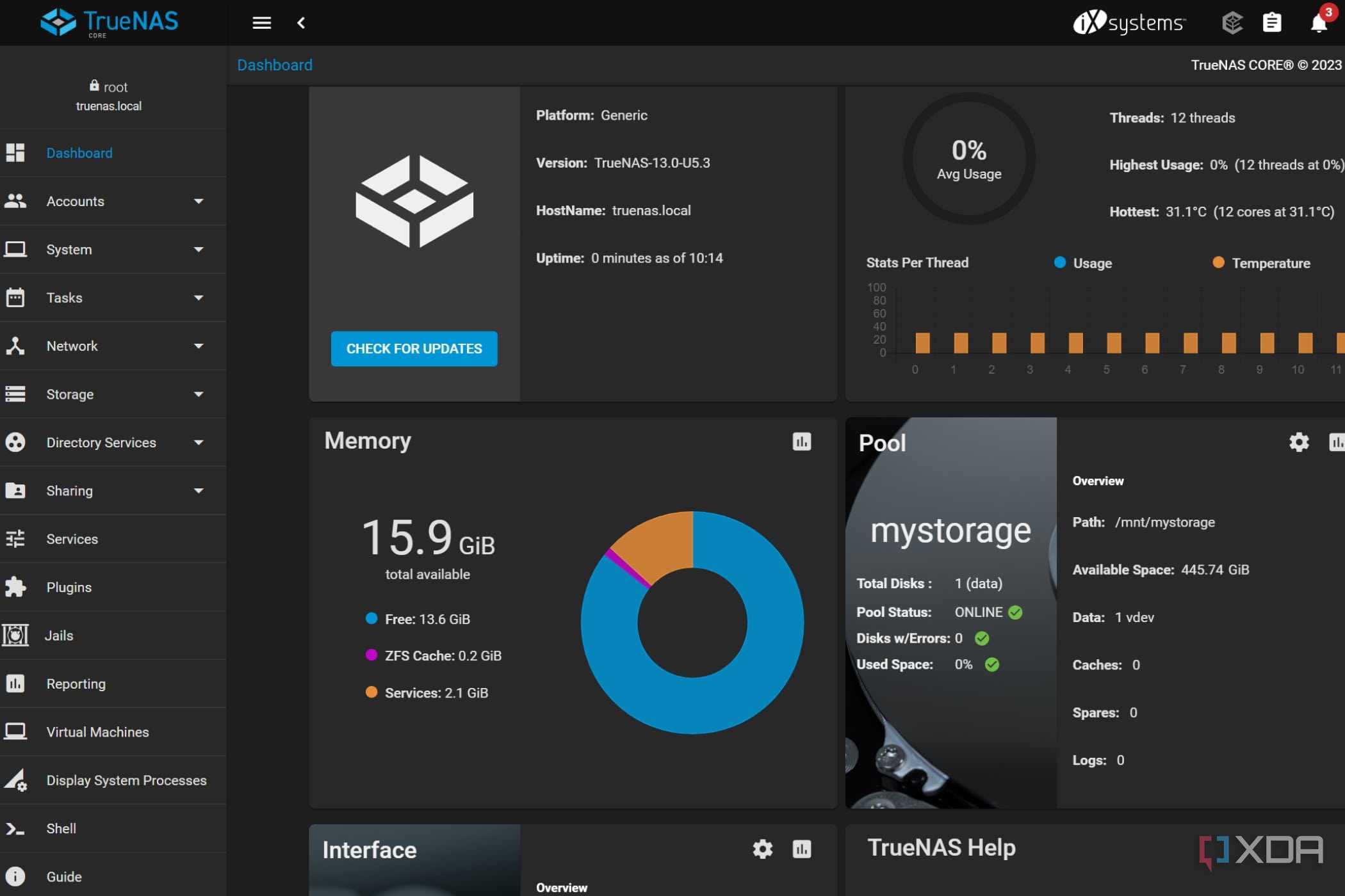 An overview of the TrueNAS CORE dashboard