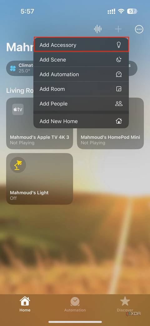 Add accessory button in home app
