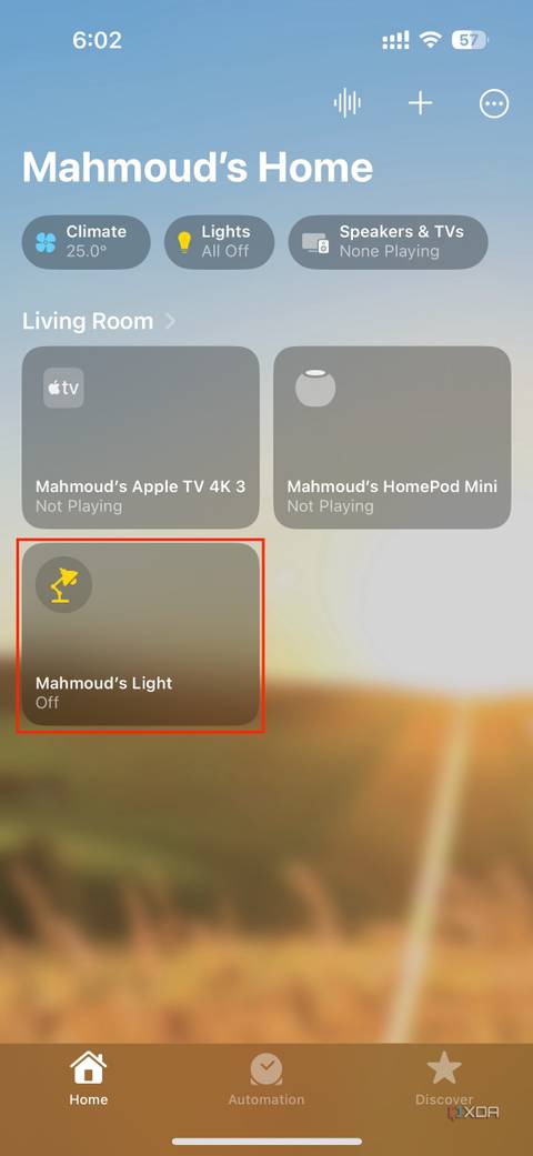 homekit bulb highlighted on main Home tab