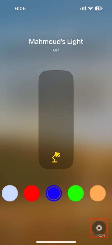 homekit bulb preview, including ability to change color and brightness, in addition to a settings button