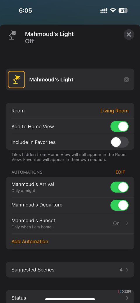 main settings of HomeKit bulb, including name, glyph, and room
