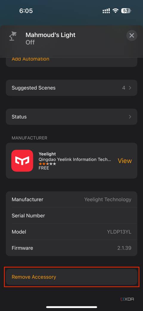 Remove accessory button in HomeKit light settings