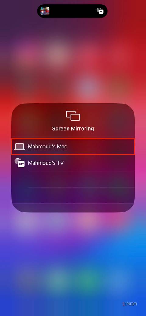 list of available screen mirroring devices in iOS control center, including Mac and Apple TV