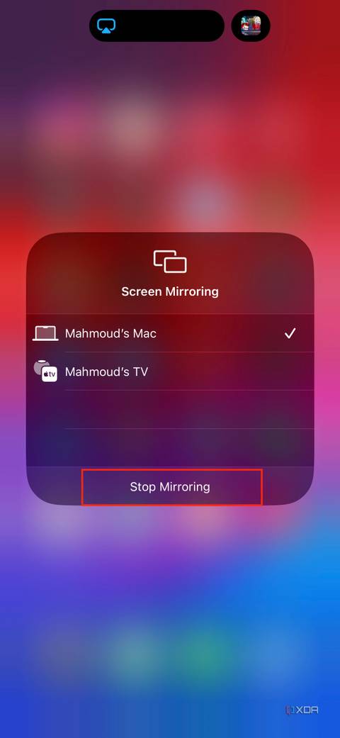 stop mirroring button in iOS control center