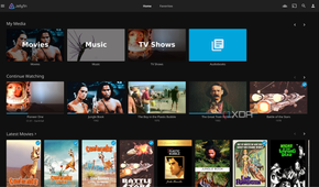 Jellyfin web panel with movies, music, TV shows, and audiobooks