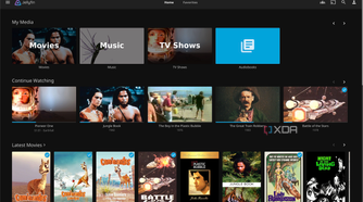 Jellyfin web panel with movies, music, TV shows, and audiobooks