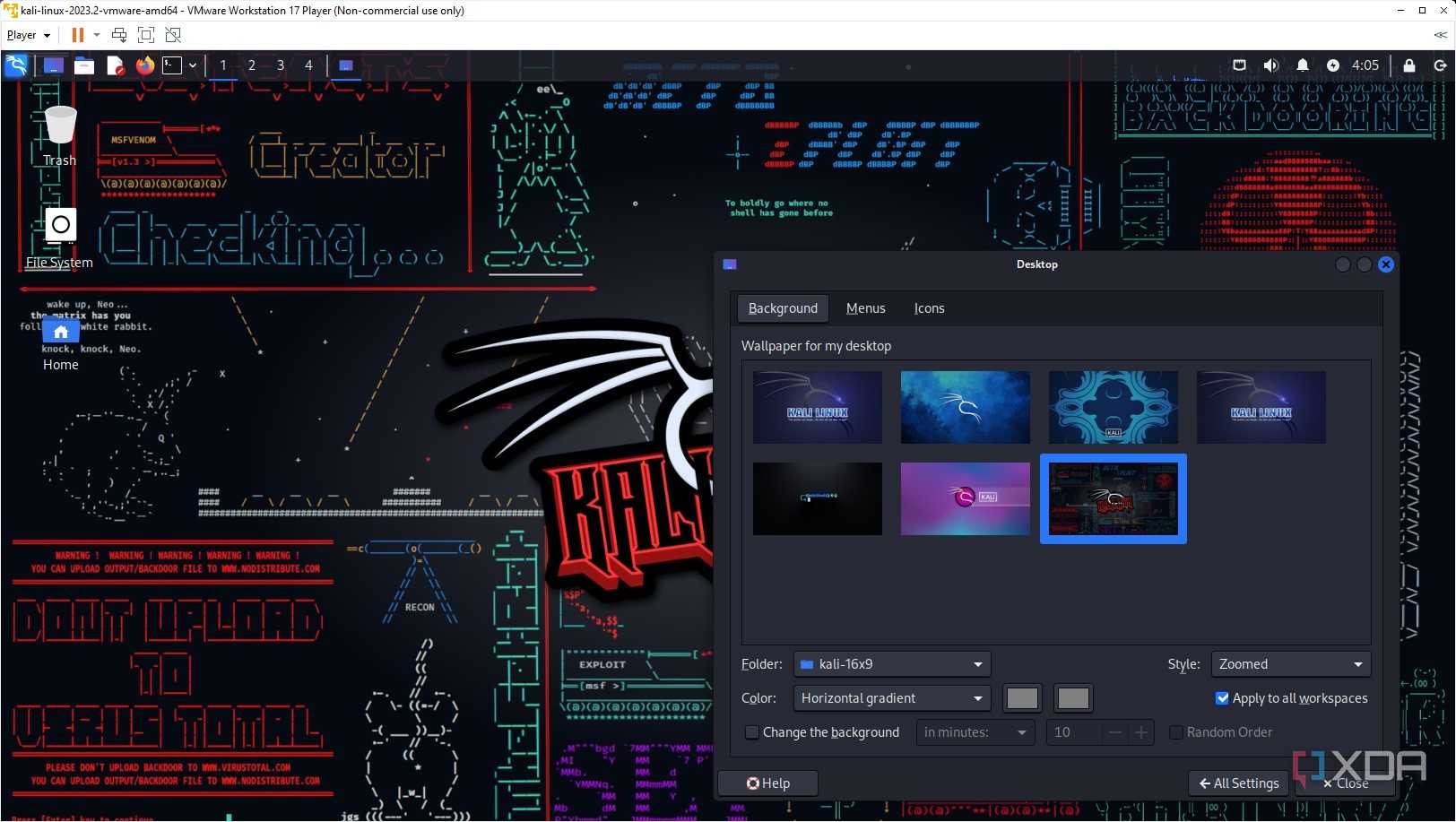 Snapshot of changing the desktop wallpaper in Kali Linux VMware image