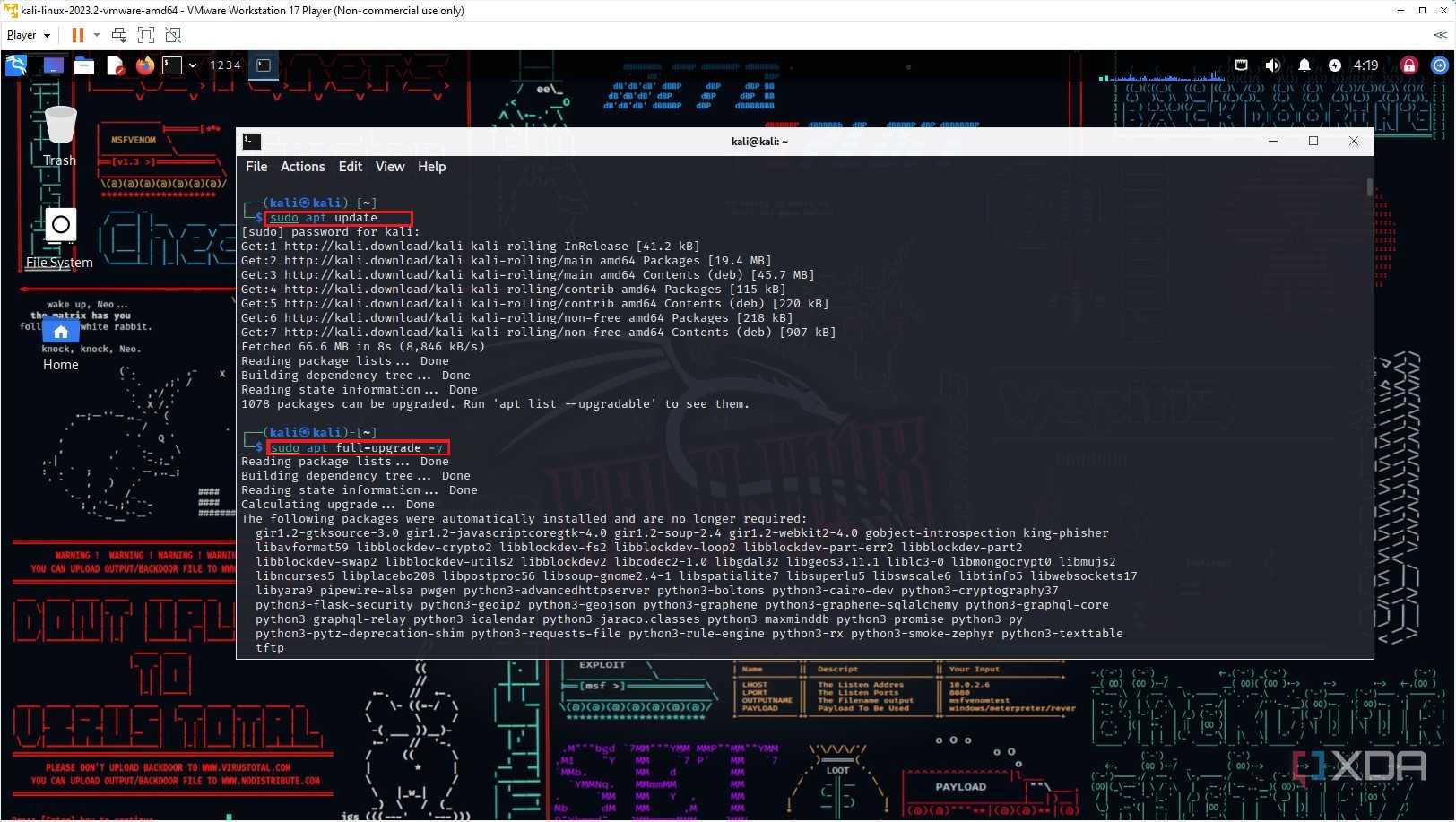 Snapshot of using Terminal to update Kali OS in VMware