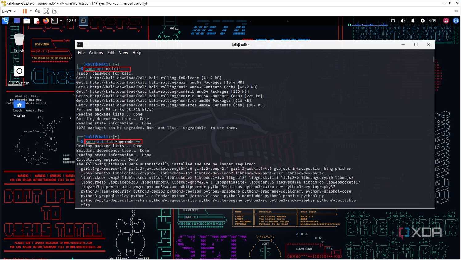 Snapshot of using Terminal to update Kali OS in VMware