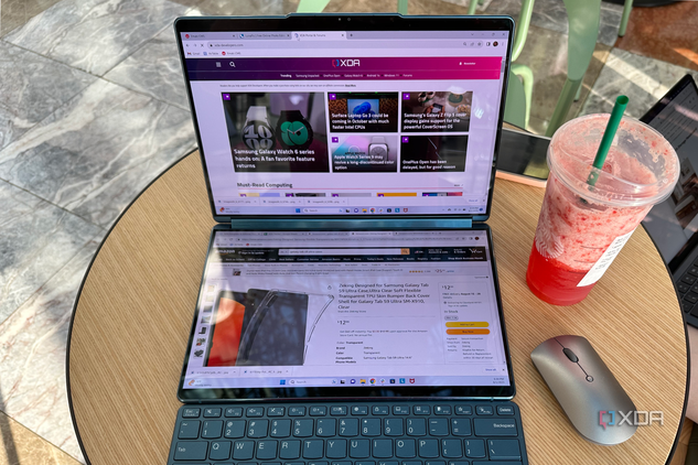 A Yoga Book 9i deployment showing off the dual touchscreens.