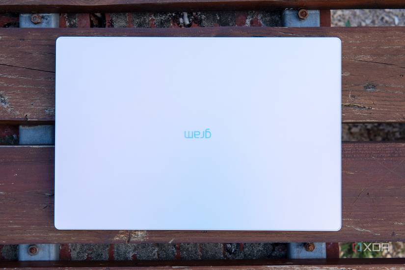 Overhead view of the LG Gram Style on a wooden table with the lid closed