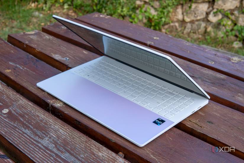 Angled right-side front view of the LG Gram Style with the lid open at roughly 60 degrees