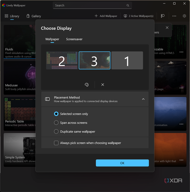 Screenshot of multiple monitor settings in Lively Wallpaper