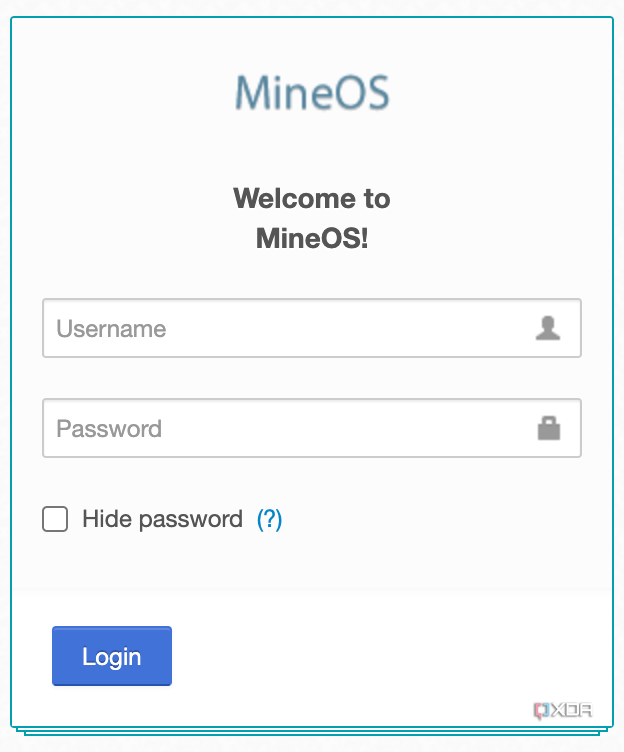 MineOS login page on the Web UI where it asks for a username and password