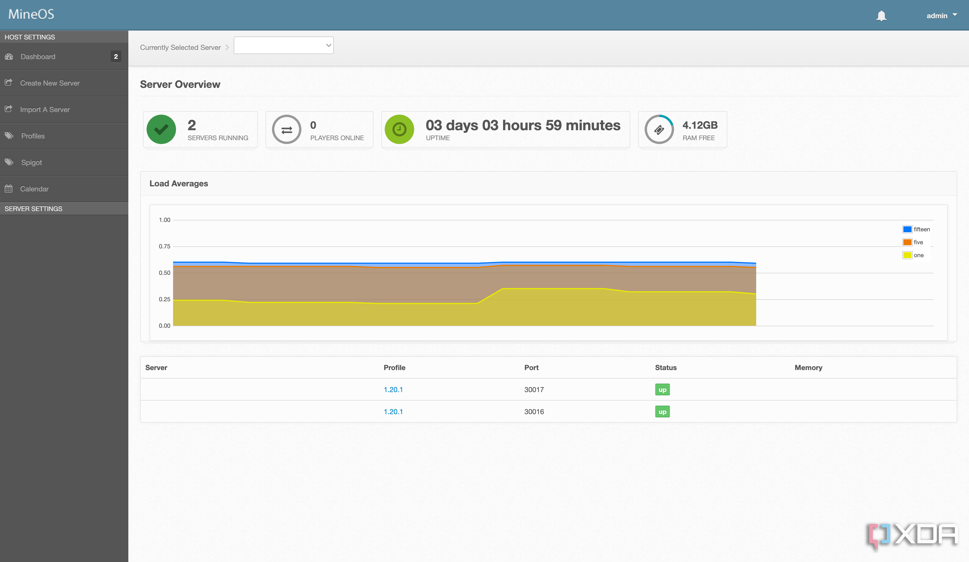 MineOS default dashboard, where mine shows two running servers
