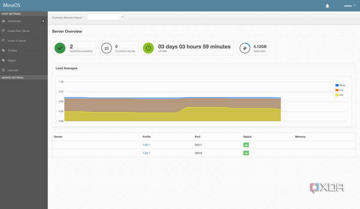 MineOS default dashboard, where mine shows two running servers