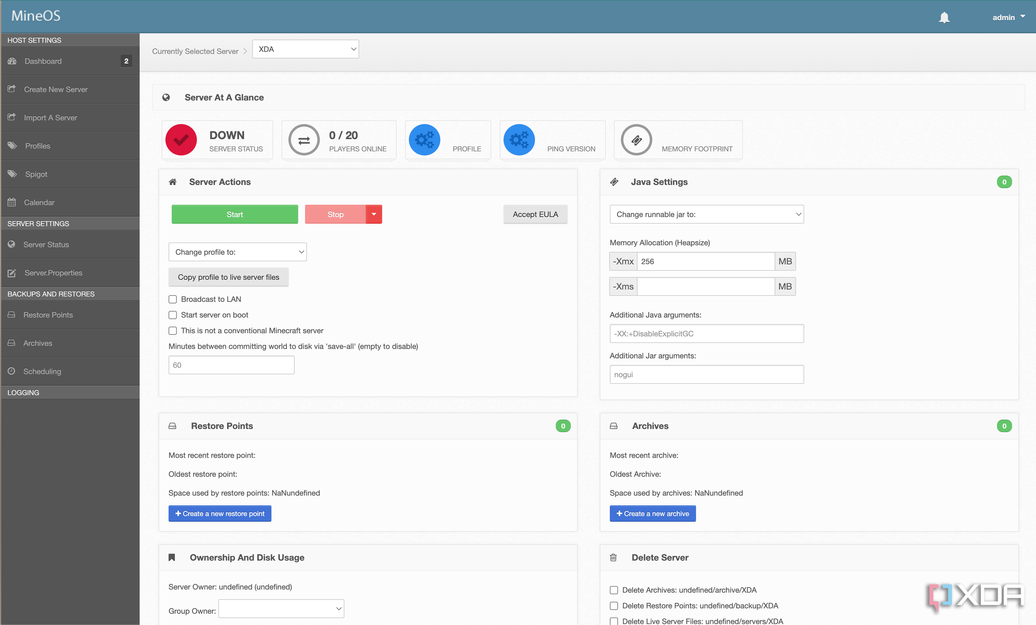 MineOS Server Status page