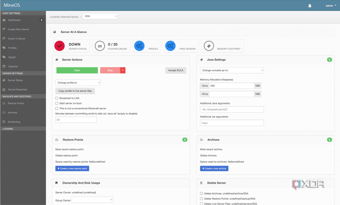 MineOS Server Status page