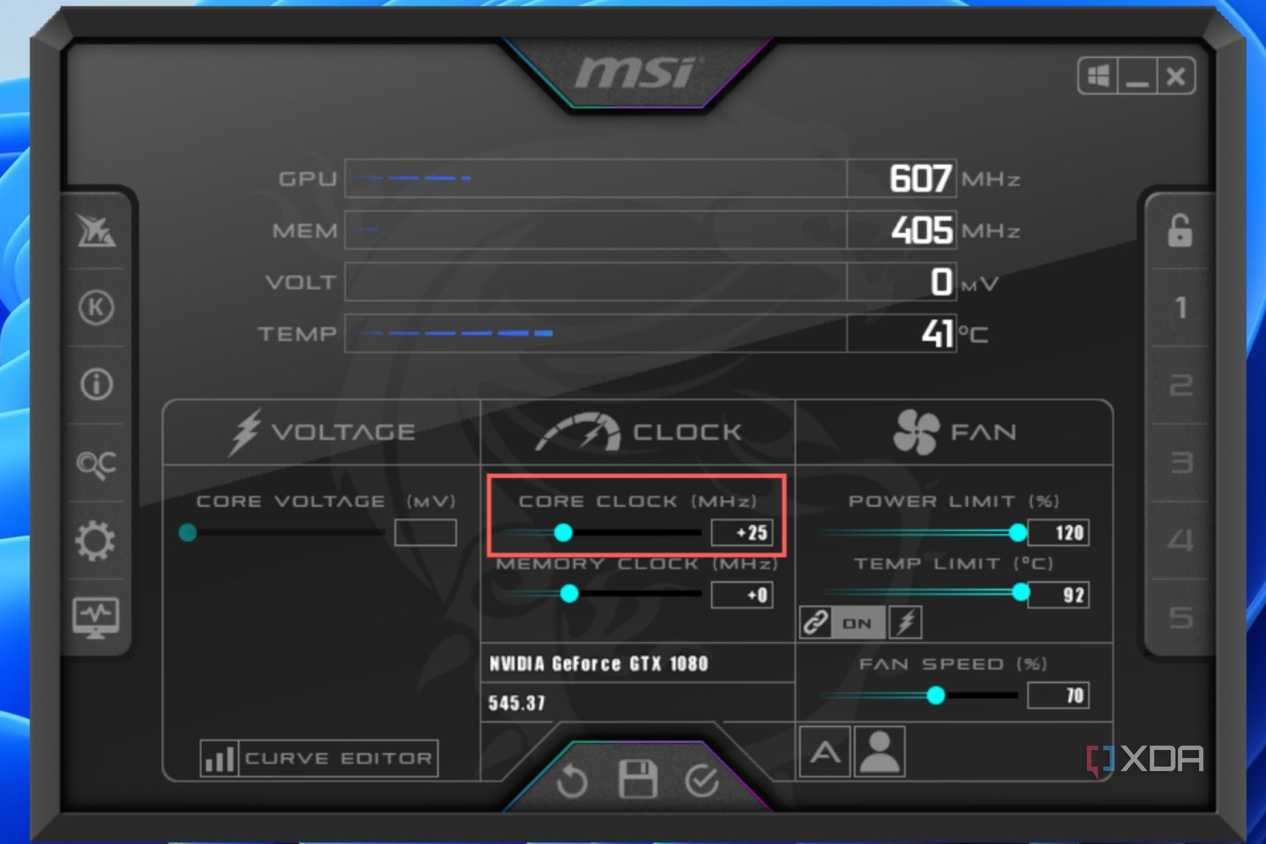 Use the Core Clock slider to increase the clock speed of your GPU's core by 25MHz