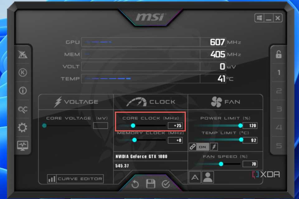 Use the Core Clock slider to increase the clock speed of your GPU's core by 25MHz