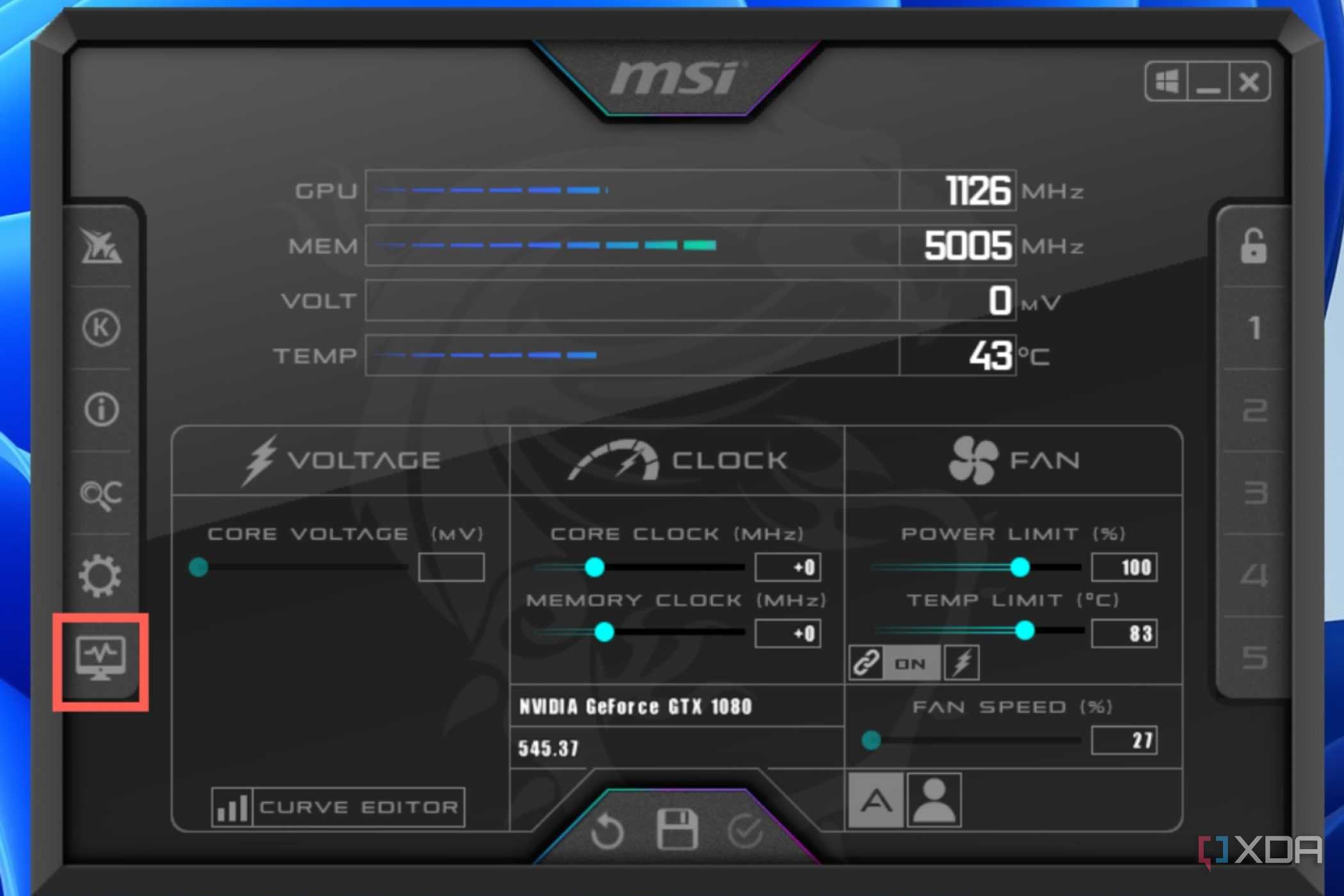 Click on the Detach button to open the hardware monitor as a separate window