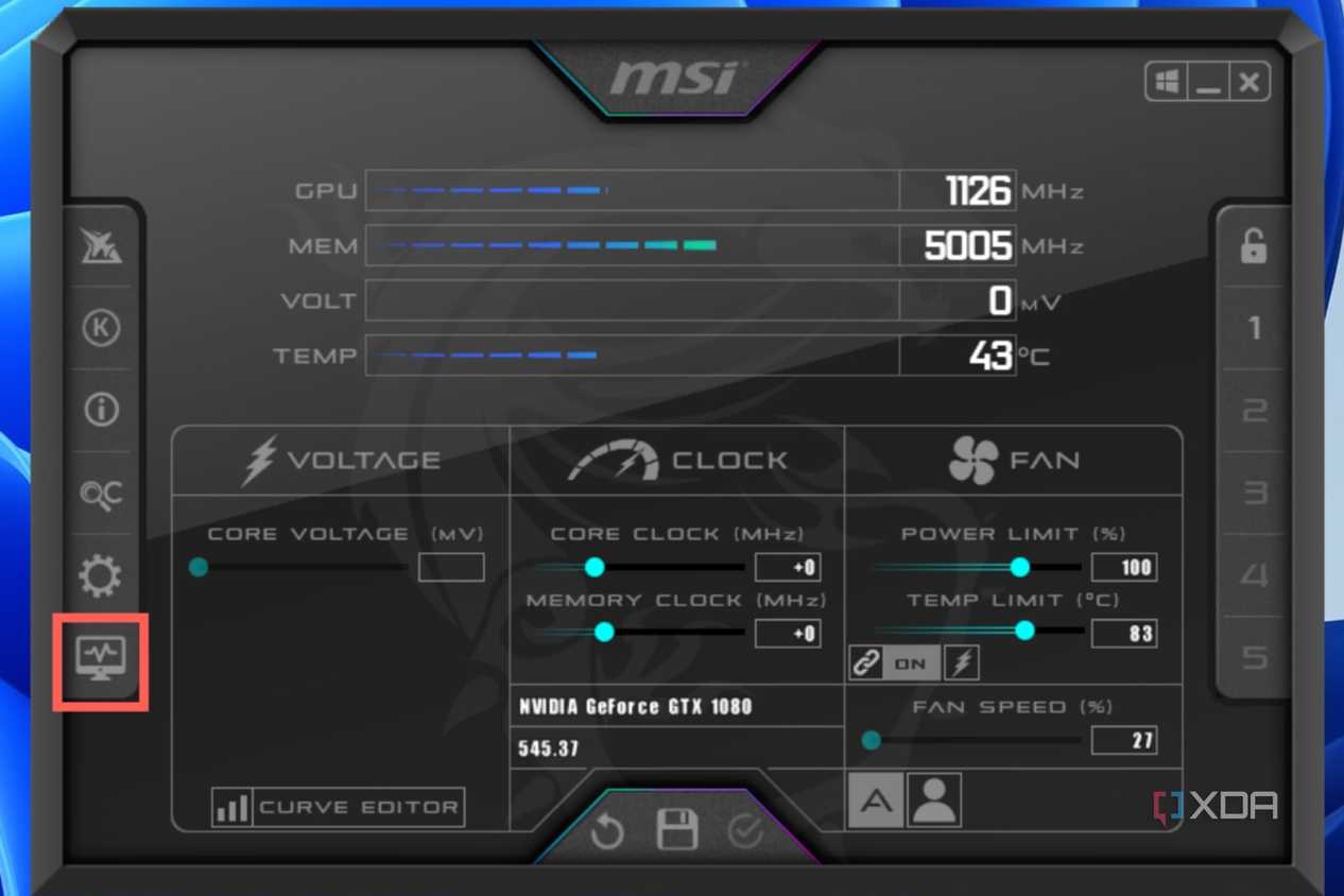 Click on the Detach button to open the hardware monitor as a separate window