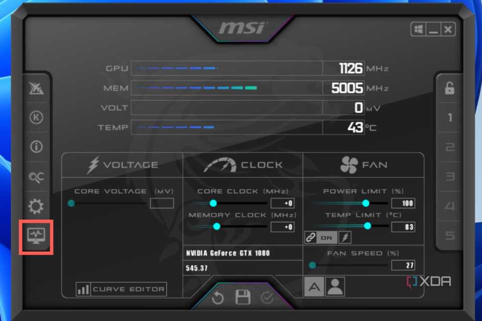 Click on the Detach button to open the hardware monitor as a separate window