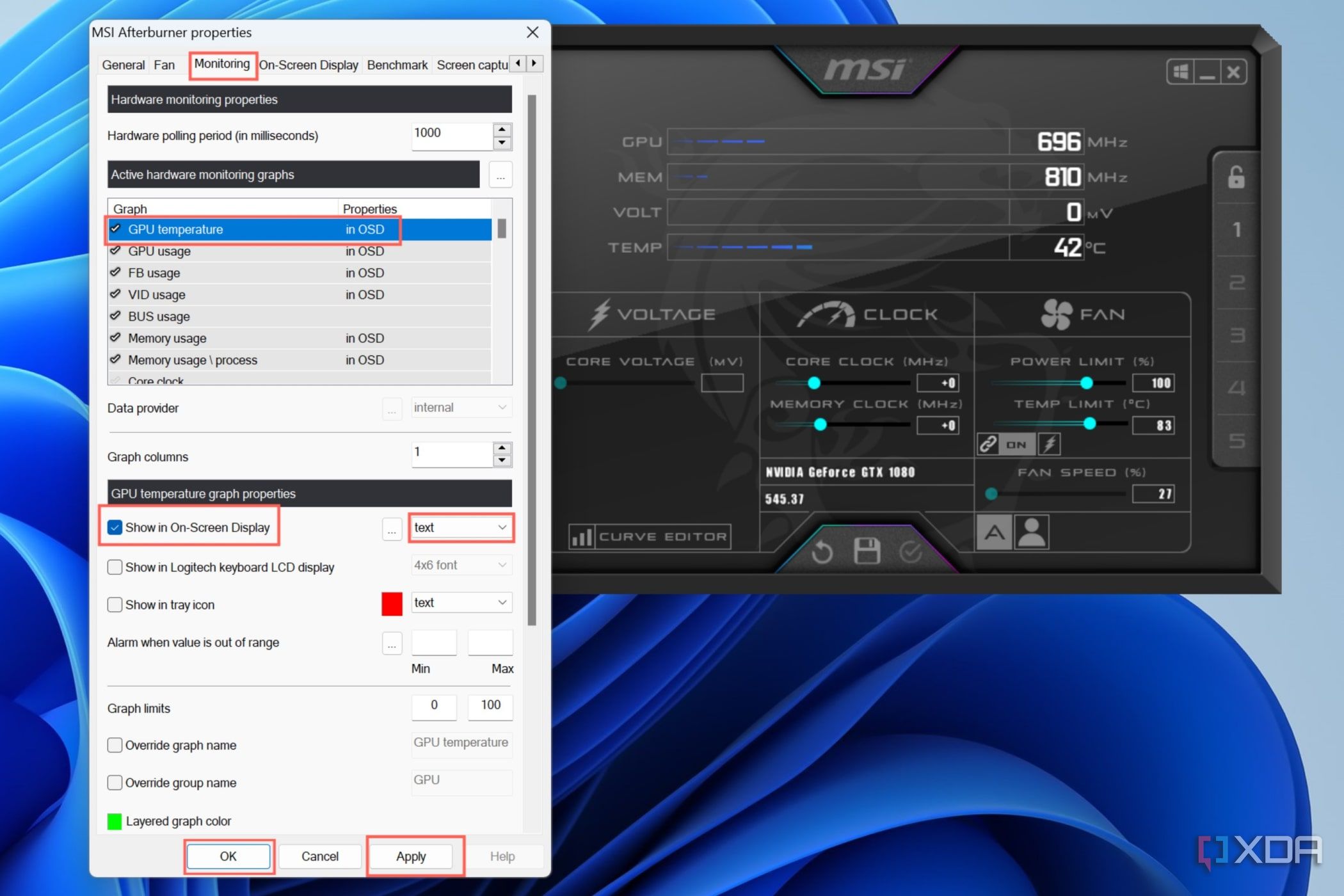 An overview of the hardware monitoring settings in MSI Afterburner