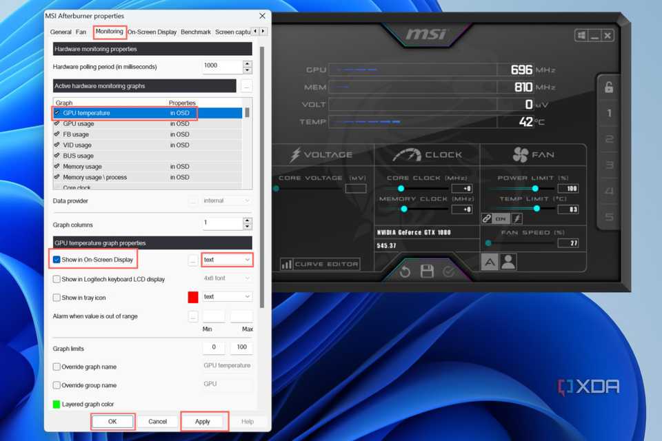 An overview of the hardware monitoring settings in MSI Afterburner