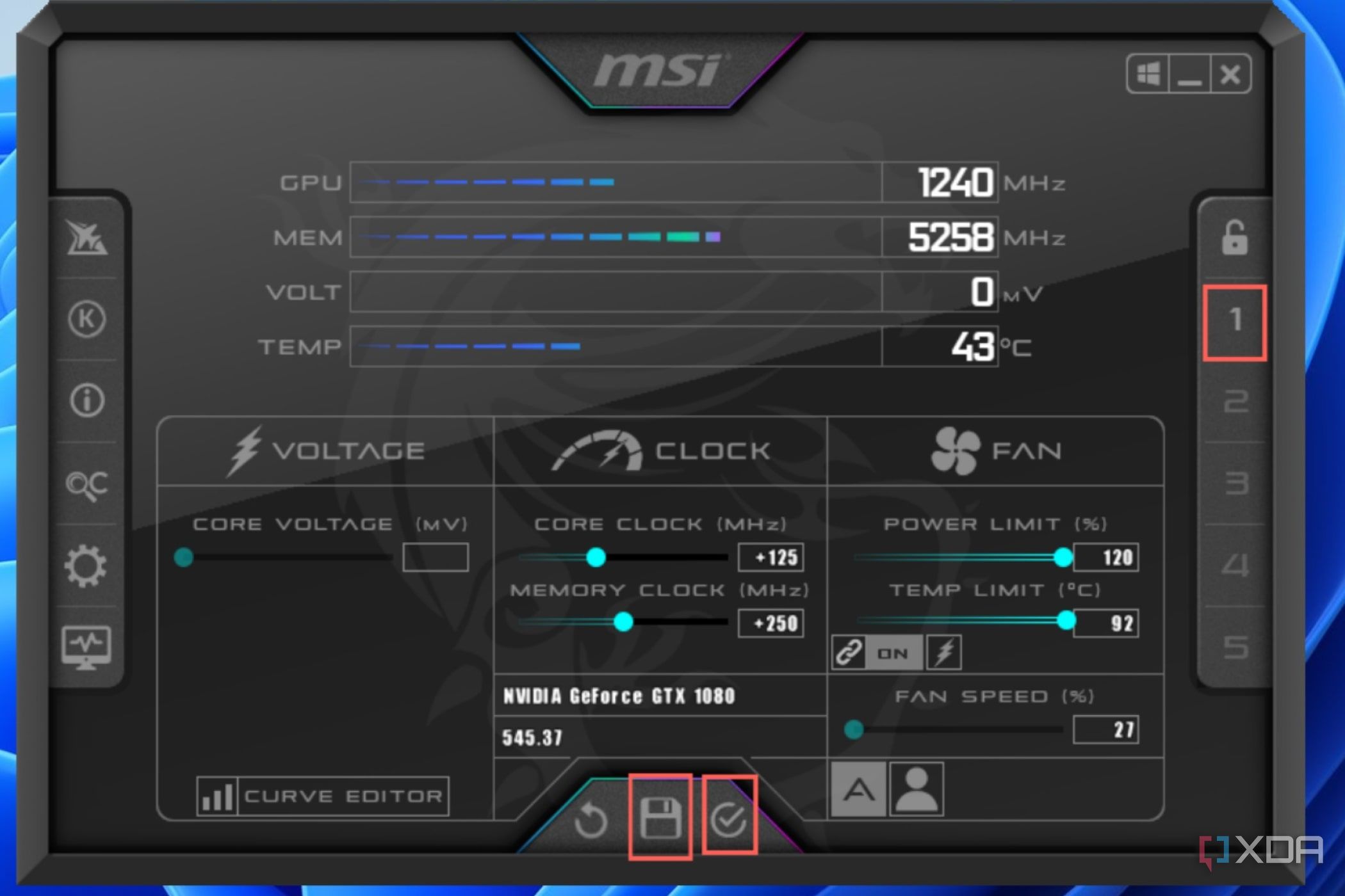 Click on the Apply button, press the Save icon and choose a Profile Slot to save your overclock settings