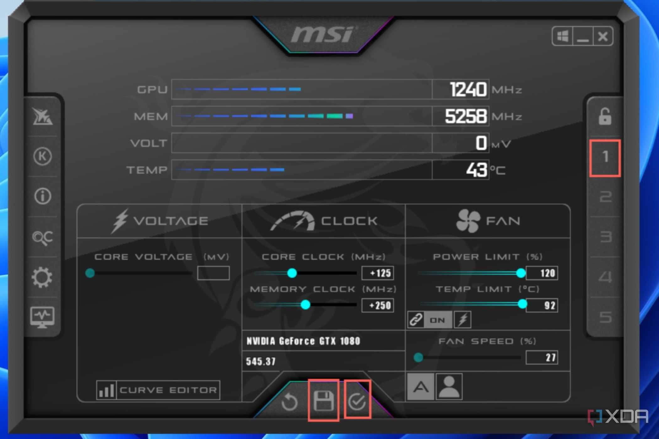 Click on the Apply button, press the Save icon and choose a Profile Slot to save your overclock settings