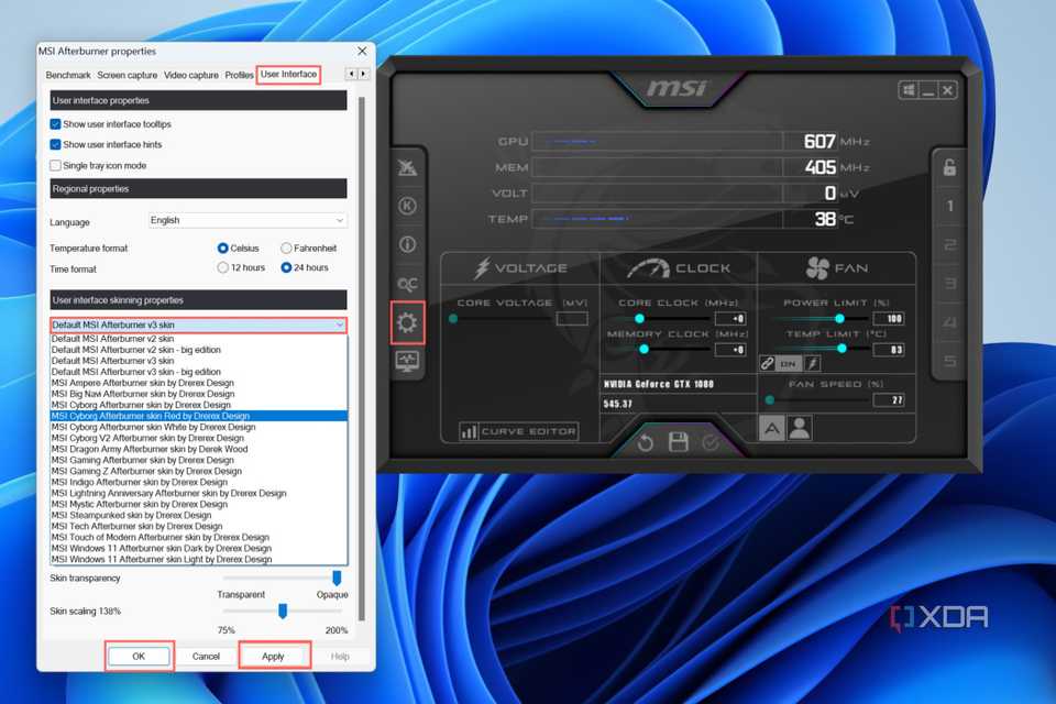 Head to the User Interface header and click on the Skins List to choose a new layout for MSI Afterburner