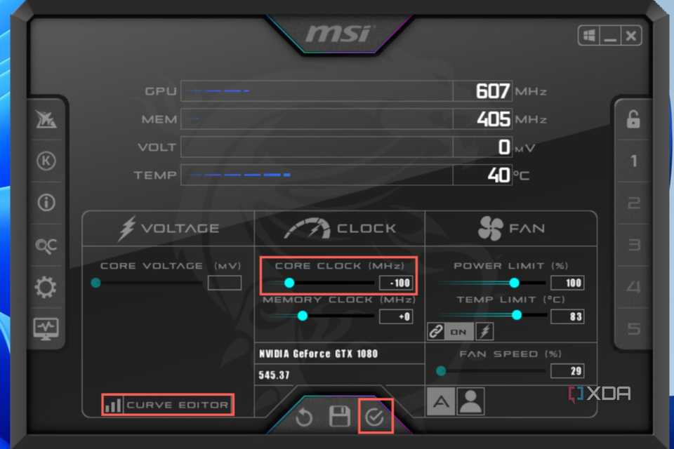 Reduce the Core Clock by about 100MHz, click on the Apply button, and press Curve Editor