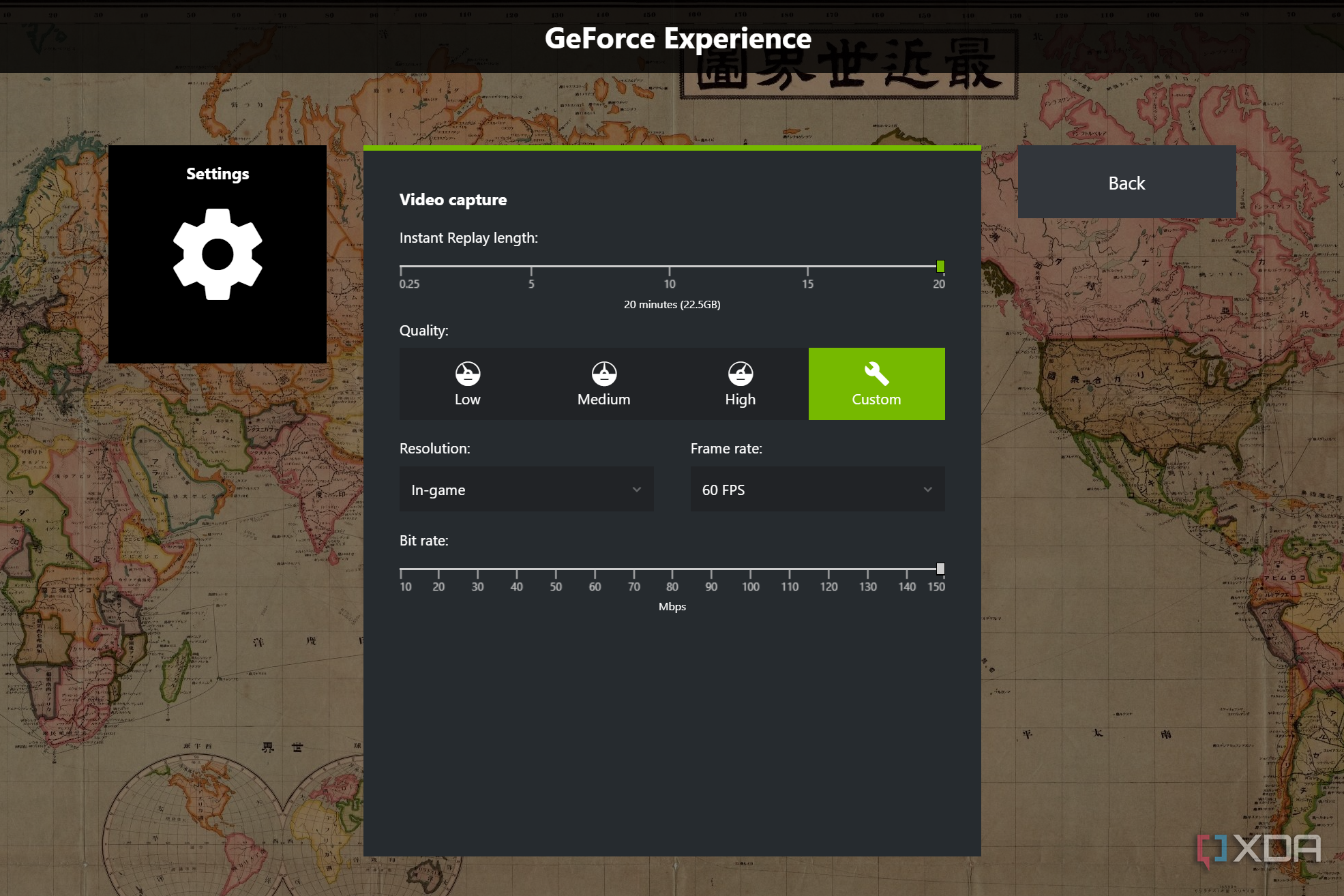 Nvidia ShadowPlay video settings.