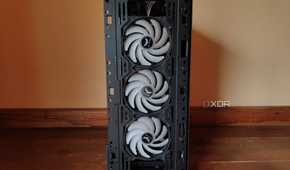 Three War Hammer Kratos fans inside an MSI Forge 110R case.