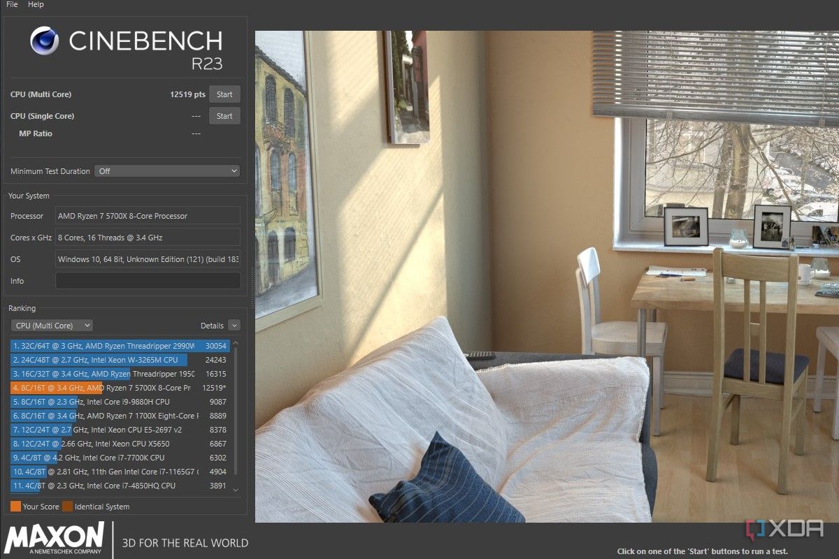 Cinebench R23-Benchmark-Bildschirm für Ryzen 7 5700X