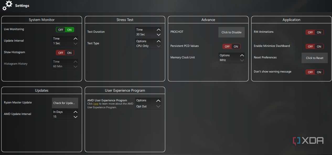 Settings screen in Ryzen Master
