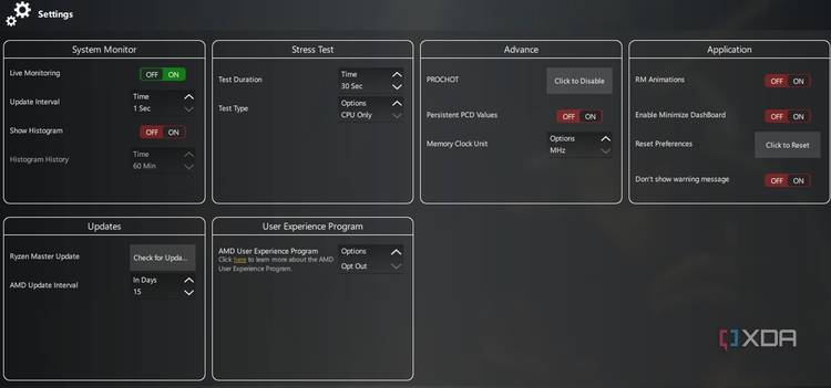 Settings screen in Ryzen Master