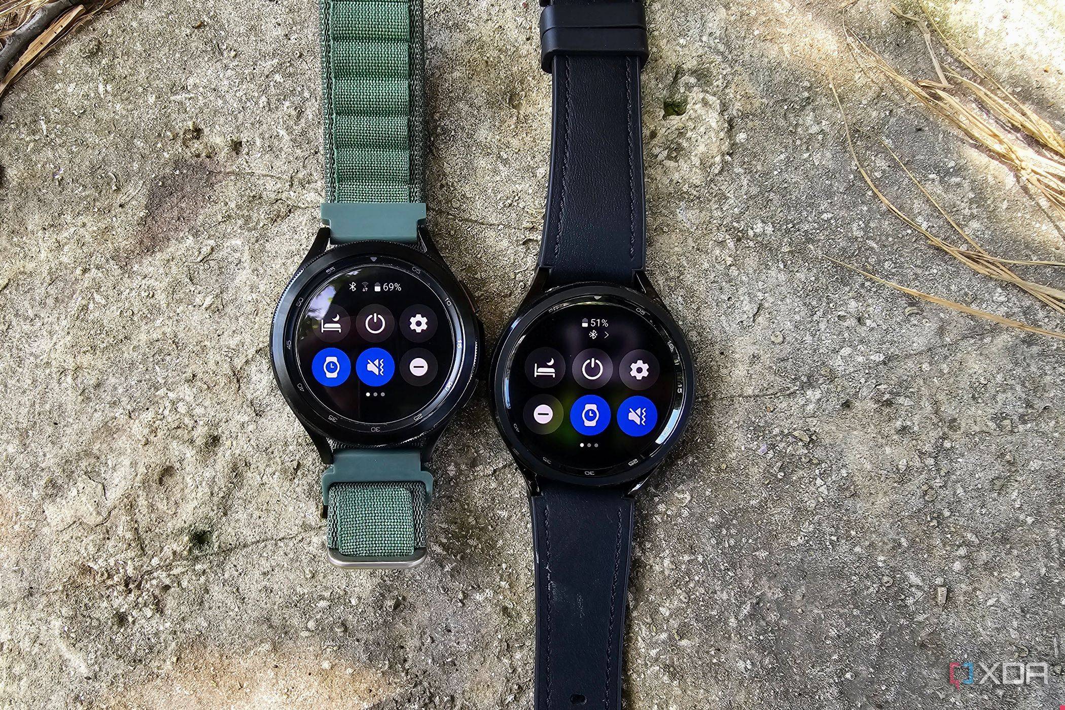 Samsung Galaxy Watch 4 Classic beside the Watch 6 Classic showing the quick toggles